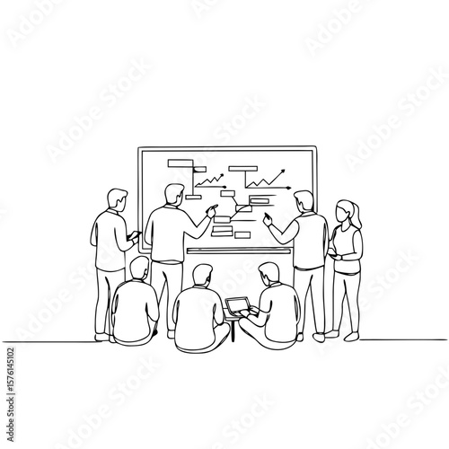 Team collaborating and strategizing in front of presentation board  