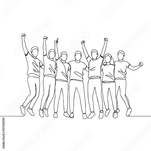 Group of young people celebrating a victory with raised hands  