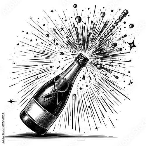 Champagne bottle opening in black-and-white New Year style