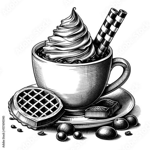 Delicious beverage in sketch style in black and white represents indulgence