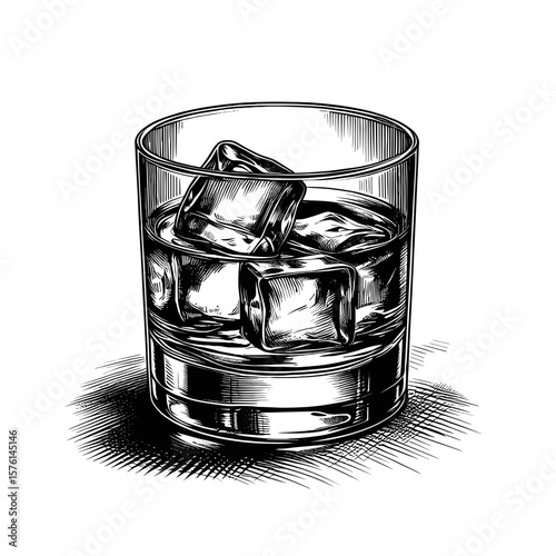 Black-and-white sketch of whiskey glass with ice
