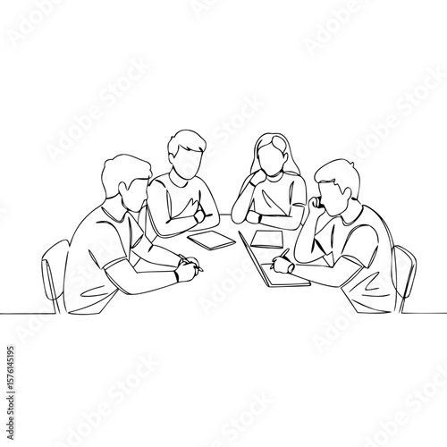 Group of teenagers brainstorming together at a table in classroom  