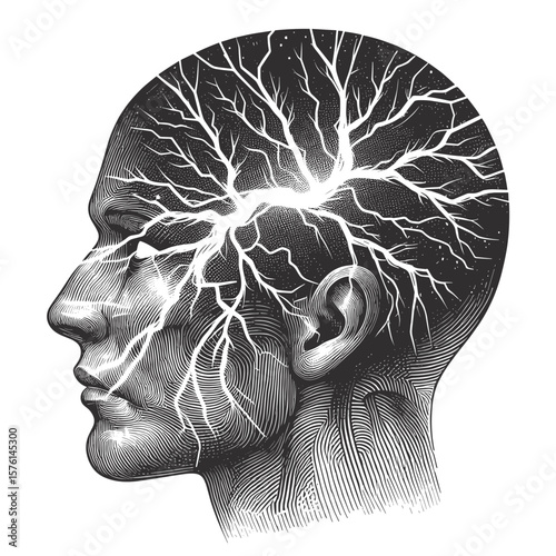 Profile of person with electrical brain imaging against transparent background