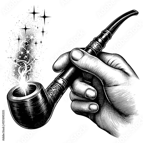 Hand holding fancy wooden pipe emitting sparkling smoke, in black-and-white ink style