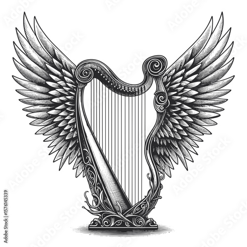 Harp with wings in vintage style in black-and-white for art