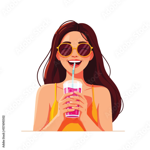 Smiling woman enjoying a refreshing pink drink while wearing sunglasses.