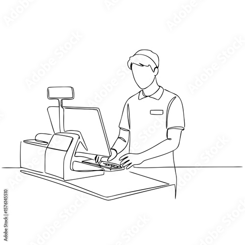 Young adult man working at retail checkout with register  