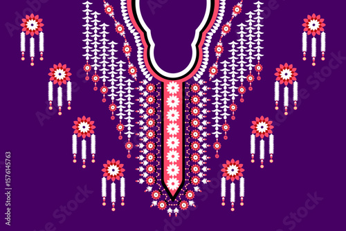 This vector artwork features a traditional Thai floral collar embroidery design, delicately crafted in vibrant red, white, and pink against a rich purple background.