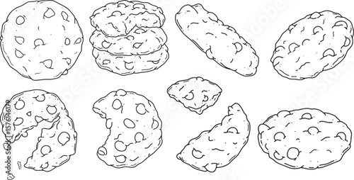 Vector illustration of chocolate chip cookies in line art style. Hand-drawn and detailed sketch perfect for bakery branding, packaging design, cafe menus, recipe books, food blogs, or dessert-themed.