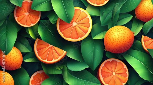 Vibrant citrus fruit slices amongst lush green foliage.