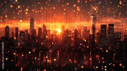 Cityscape Silhouette with Bokeh and Water Reflections