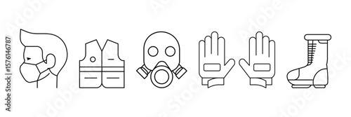 Safety equipment icon set with face mask vest respirator gloves and protective boots in editable outline vector illustration style.