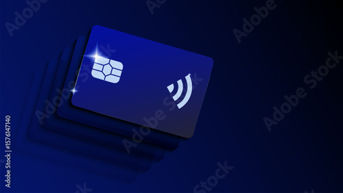 Contactless bank card with glowing chip and signal icon on dark background. Concept of digital banking, wireless payment, cashless transaction, finance technology, customer ease and trust.