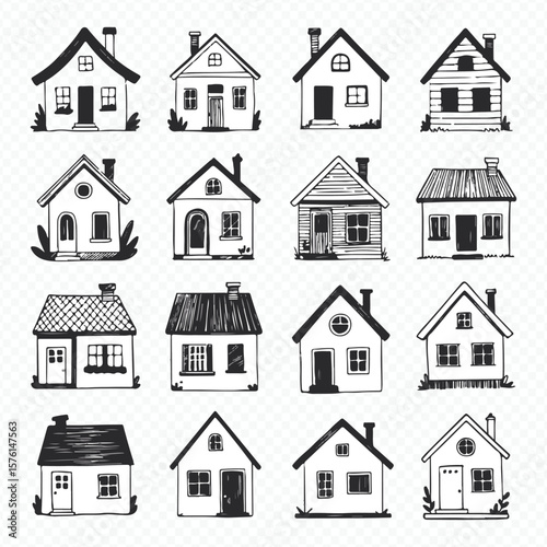 hand-drawn house vector set: 16 unique doodle cottages and urban facades for creative design projects
