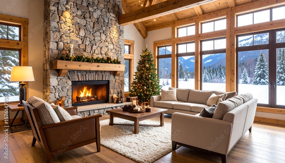 Fototapeta premium Cozy winter living room with fireplace and view
