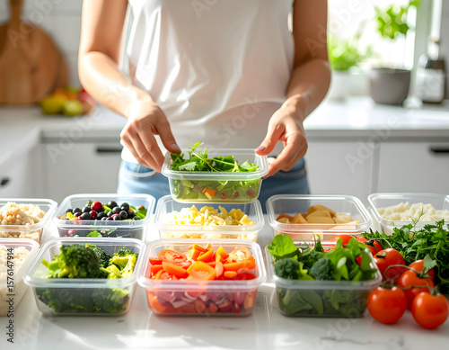 A focused adult woman is meticulously organizing fresh, vibrant ingredients into meal prep containers in a bright kitchen