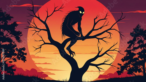 Ominous Creature Silhouette Perched on a Bare Tree Against a Fiery Sunset