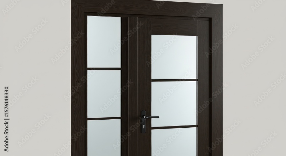 Obraz premium Dark stained wooden double doors with glass panels, framed in a neutral wall. Hardware visible. Clean lines and modern aesthetic