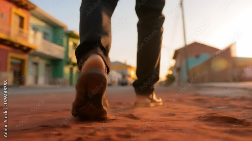 Close-up extremo de un hombre caminando por una calle de tierra rojiza en Arica