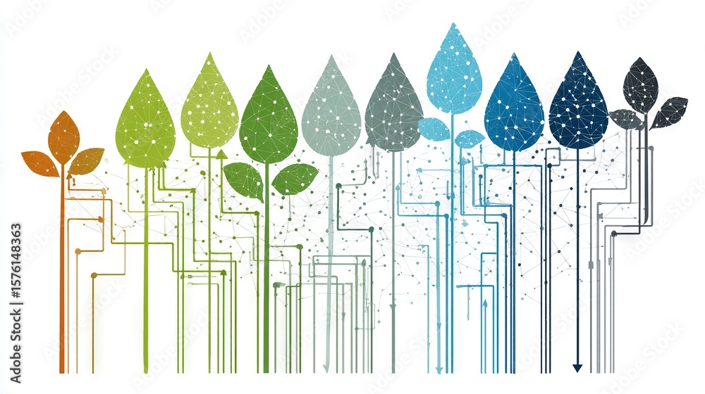 Obraz premium Abstract Eco Technology Illustration Featuring Colorful Leaf Shapes Connected by Circuit Lines Representing Sustainable Innovation