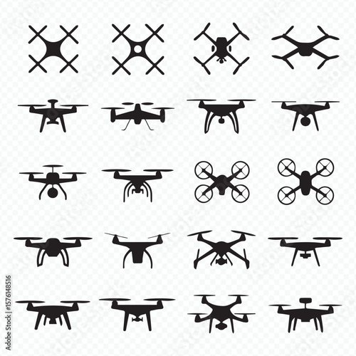 drone uav vector icons collection featuring 20 scalable silhouette graphics for modern tech projects