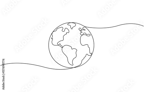 Continuous one line art drawing of earth planet, Globe, geography vector outline, World map with curve line. Linear globe symbol. Vector illustration isolated on white background.