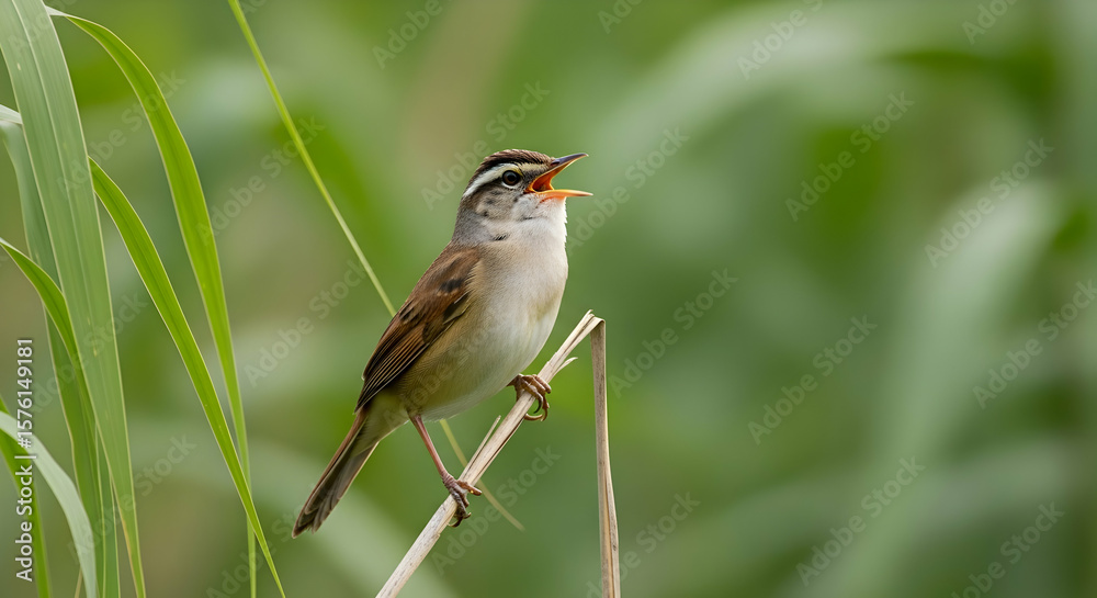 Fototapeta premium Singing Bird on Reed: A Serene Nature Photograph