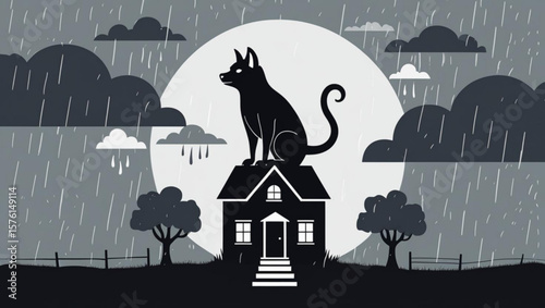 Monochrome Silhouette of a Giant Cat on a House in the Rain