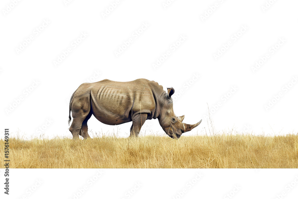 Fototapeta premium Closeup of wild rhino eating grass in savannah on transparent background