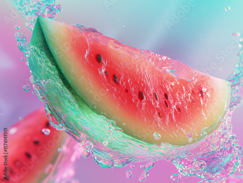 Close up view of watermelon slice. Water splashing on Sliced of watermelon on soft tosca and pink background.