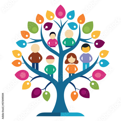 "Flat Style Family Tree Illustration with Colorful Branches and Generational Connections Representing Heritage and Unity"

