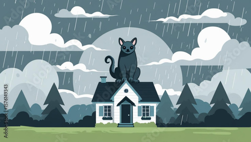 Surreal Illustration of a Giant Black Cat on a House Rooftop in a Rainstorm