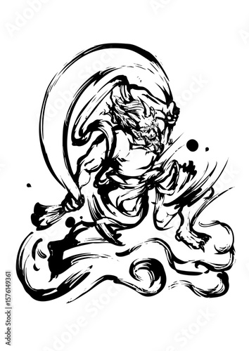 Fujin – Japanese Wind God in Ink Brush Sumi-e Style