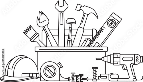 Handyman Toolbox with Assorted Construction Tools Line Art