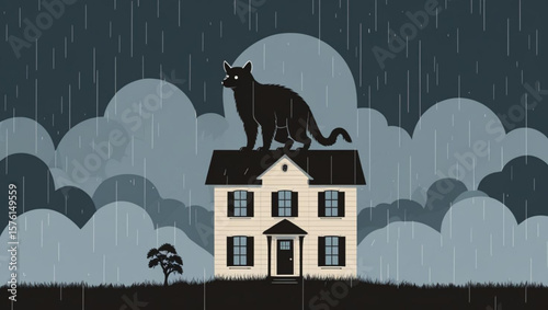 Giant Black Cat on a House in the Rain