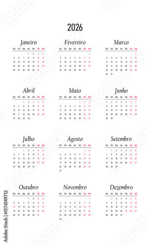 Calendar of Brazil 2026 in portuguese language with  holidays of Brazil. Vector illustration. Week start on monday