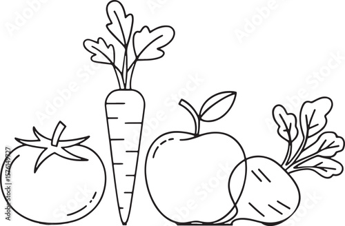 Healthy Fruits and Vegetables Line Art Icons