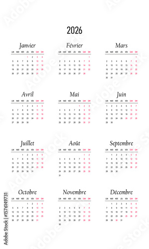 Calendar of Madagascar 2026 in french language with  holidays of Madagascar. Vector illustration. Week start on monday