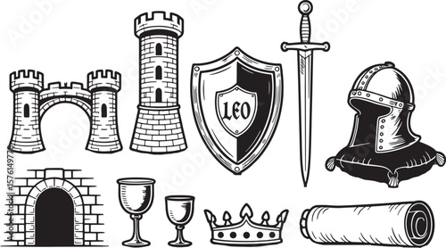 Medieval Castle & Knight Heraldry Line Art Set