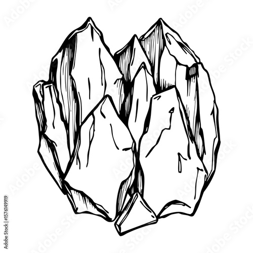 Hand drawn ink illustration of an abstract cluster of sharp, rough geometric rock or crystal formations