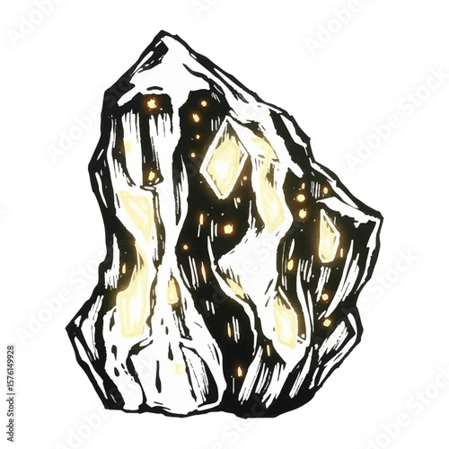 Hand drawn illustration of a glowing magic crystal with light emitting from within its dark facets and rough edges