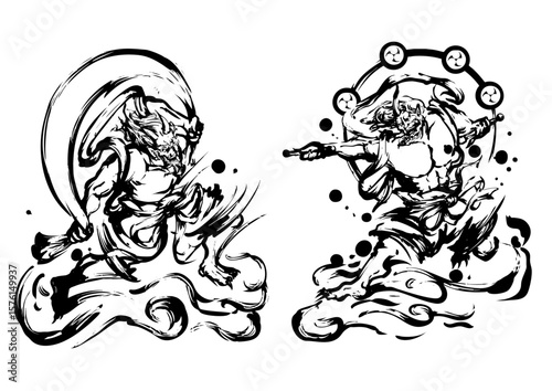 Fujin and Raijin – Japanese Wind and Thunder Gods in Sumi-e Ink Art