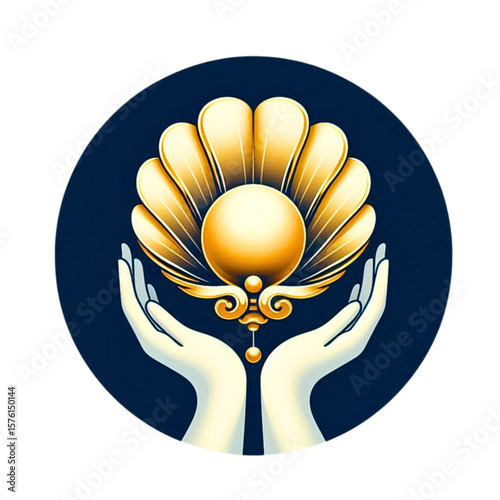 The yuan bao ingot. Yuan Bao was reinterpreted as Stylized hands holding an ornate golden seashell with a pearl on a dark blue background, copying space.