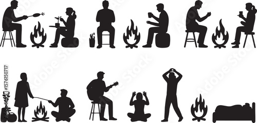 People Relaxing Around a Campfire Silhouettes