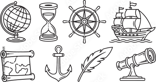 Classic Nautical and Maritime Adventure Themed Line Icons Set


