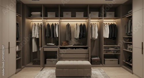 A well-organized walk-in closet with hanging clothes, shelves, drawers, a bench, and overhead lighting, showcasing neutral colors