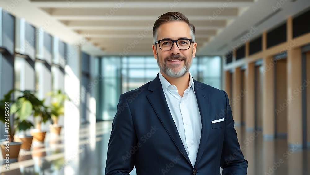 Fototapeta premium Portrait of a smiling man in a suit standing in a modern office building with plants and elevators