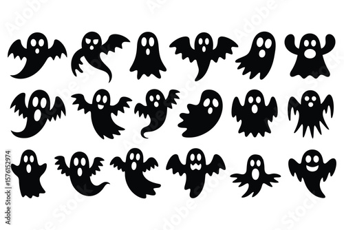 Black ghost shapes with varied expressions halloween