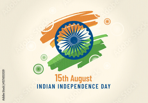 Indian Independence Day concept background. Vector illustration in minimalist style of banner template with brush strokes in Indian flag colors and Ashoka wheel. 