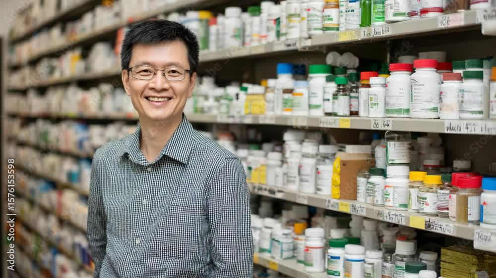Chinese man, owner of traditional Chinese medicine shop full of herbal and bottle on shelves	